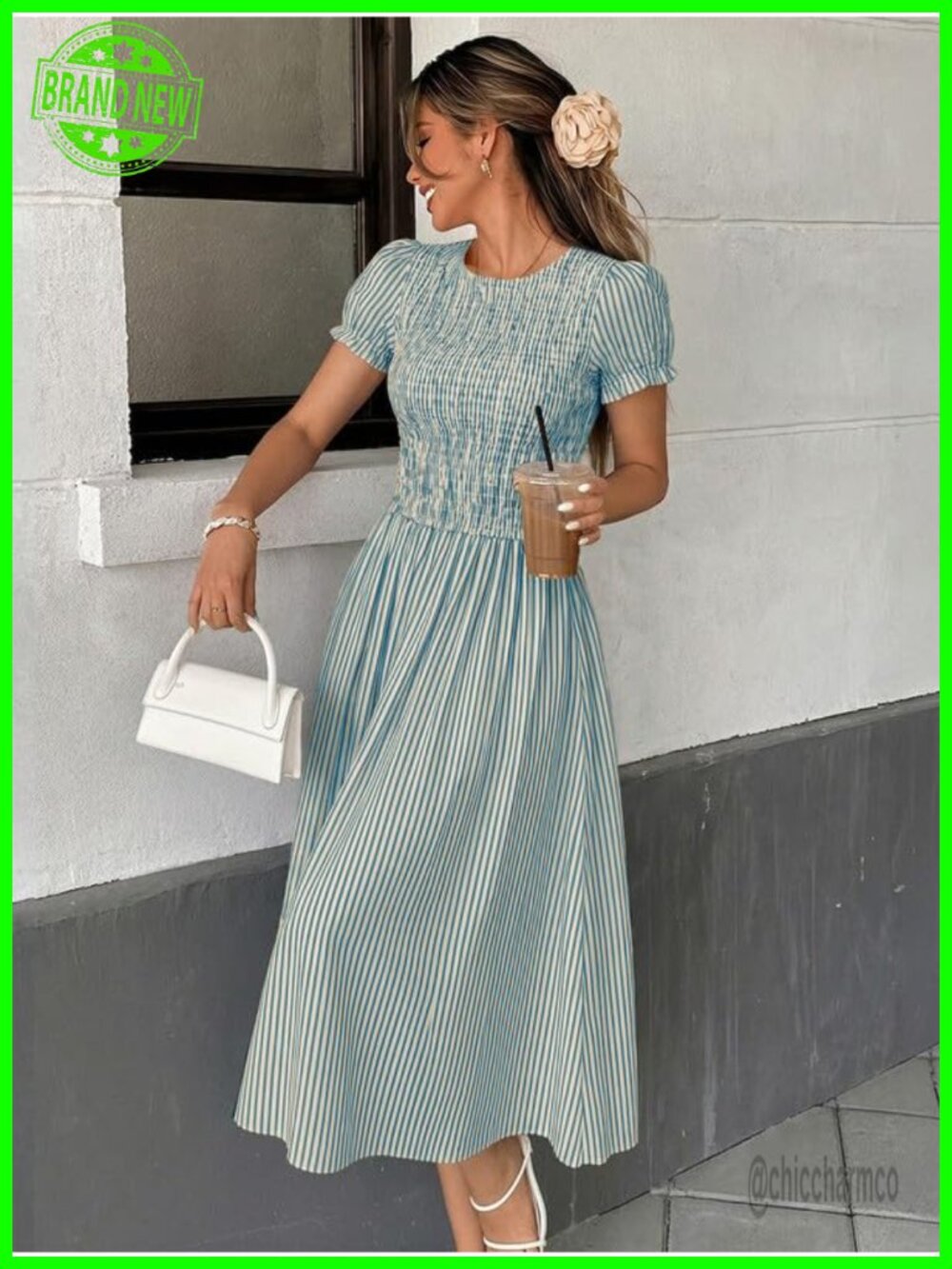 Women's Striped Smocked Midi Dress Puff Sleeve A-Line Boho - Picture 6 of 7
